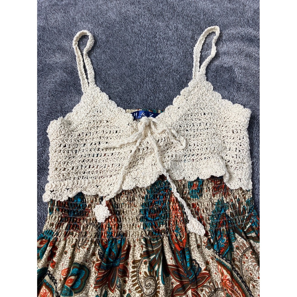 Boho Rustic Cottagecore Paisley Crochet Bodice Smocked Midi Summer Dress - Picture 3 of 7